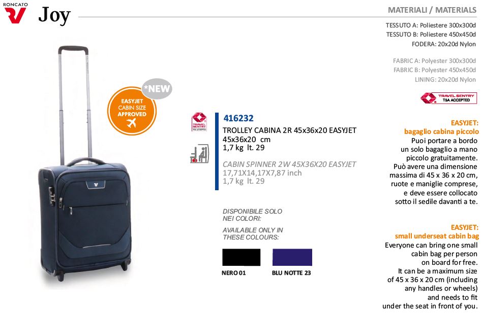 Bagaglio Cabina Gratuito a Bordo EASY JET 45x36x20 cm jOY Roncato Blu 2 RUOTE