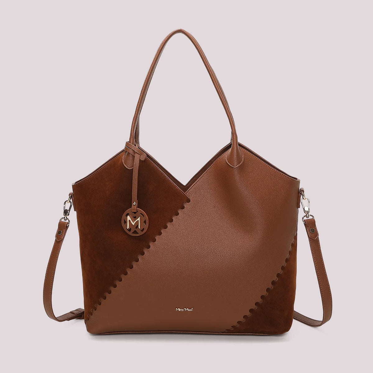Borsa Shopping con Patch effetto camoscio cuoio